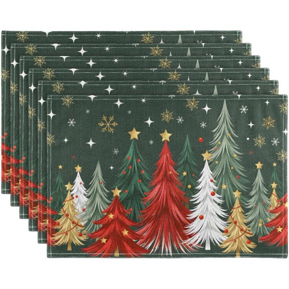 Christmas Tree Green Placemats Set of 6,Non-Slip Washable Kitchen Table Mats Snowflake Dining Place Mats for Indoor Outdoor Party Xmas Table Decoration,12x18 inch
