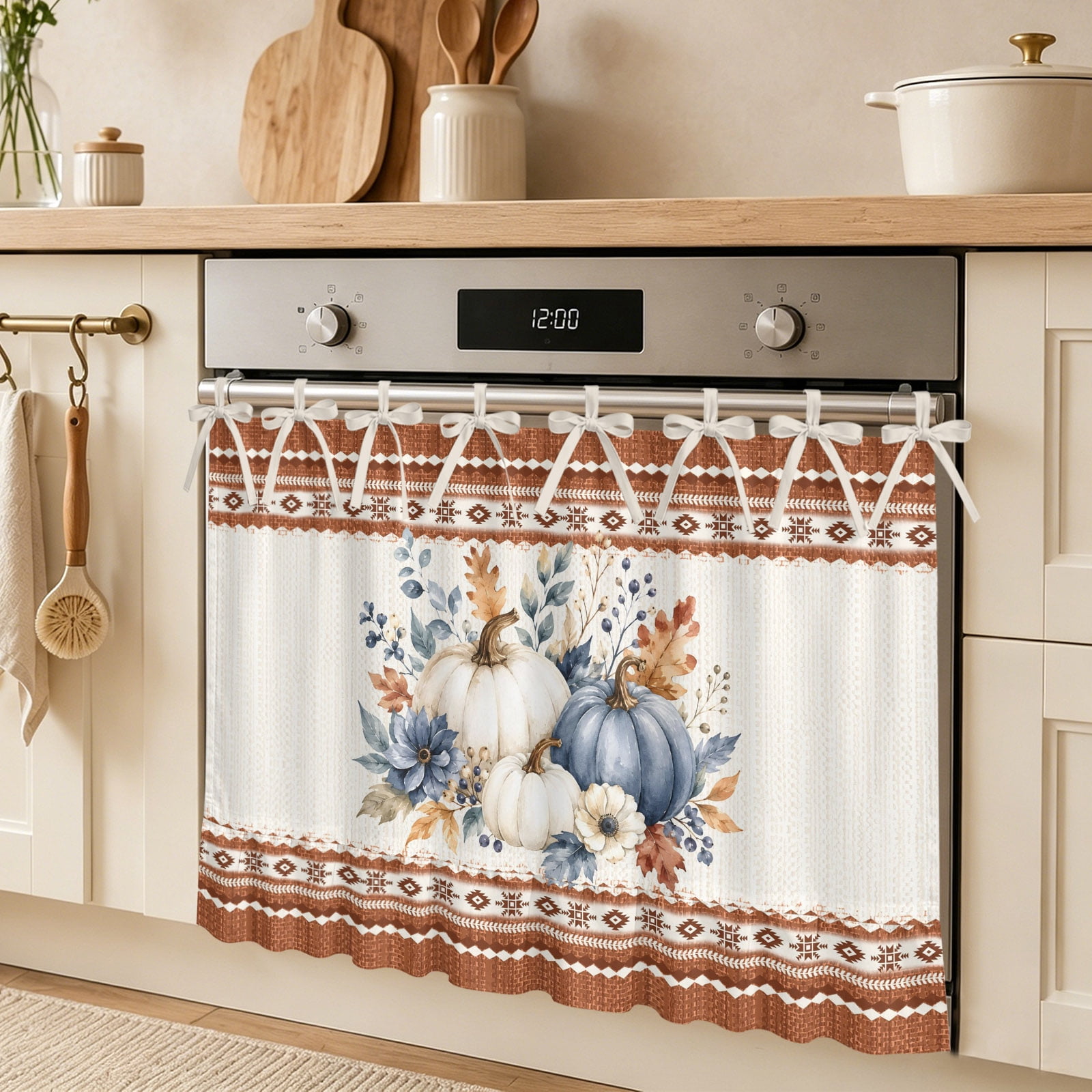 Thanksgiving Oven Skirt Curtain Fall Harvest Blue Pumpkins Flower Leaf Orange Stripe Tie Top Tier Curtains Stove Dishwasher Skirt Small Window Drapes for Kitchen Bathroom Cafe 27 x20