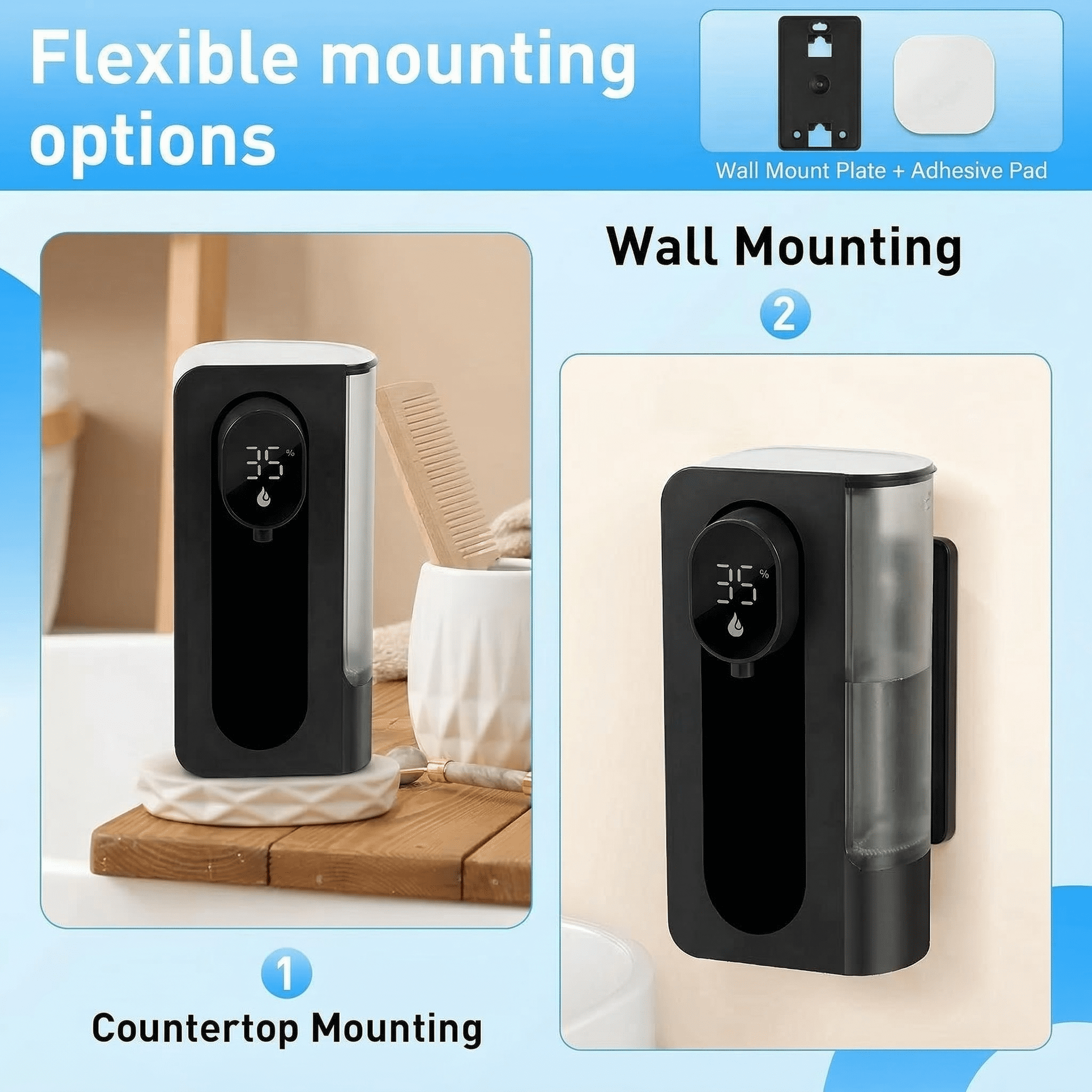 WANALIT Automatic Soap Dispenser Touchless, 500ML Gel Hand Soap Dispenser for Kitchen & Bathroom Sink, Digital Display, 3 Adjustable Levels, Rechargeable Countertop Soap Dispenser, Black