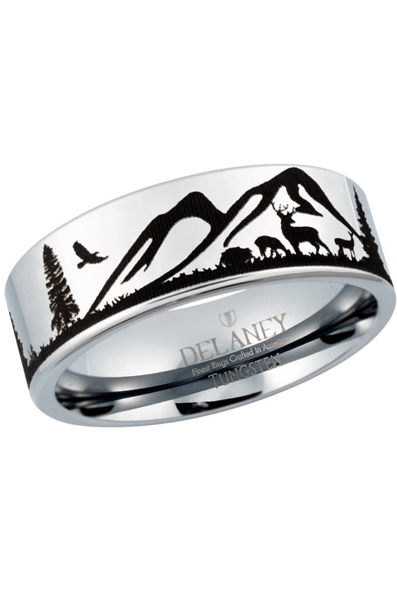 Mountain Landscape with Deer Men's Tungsten Ring
