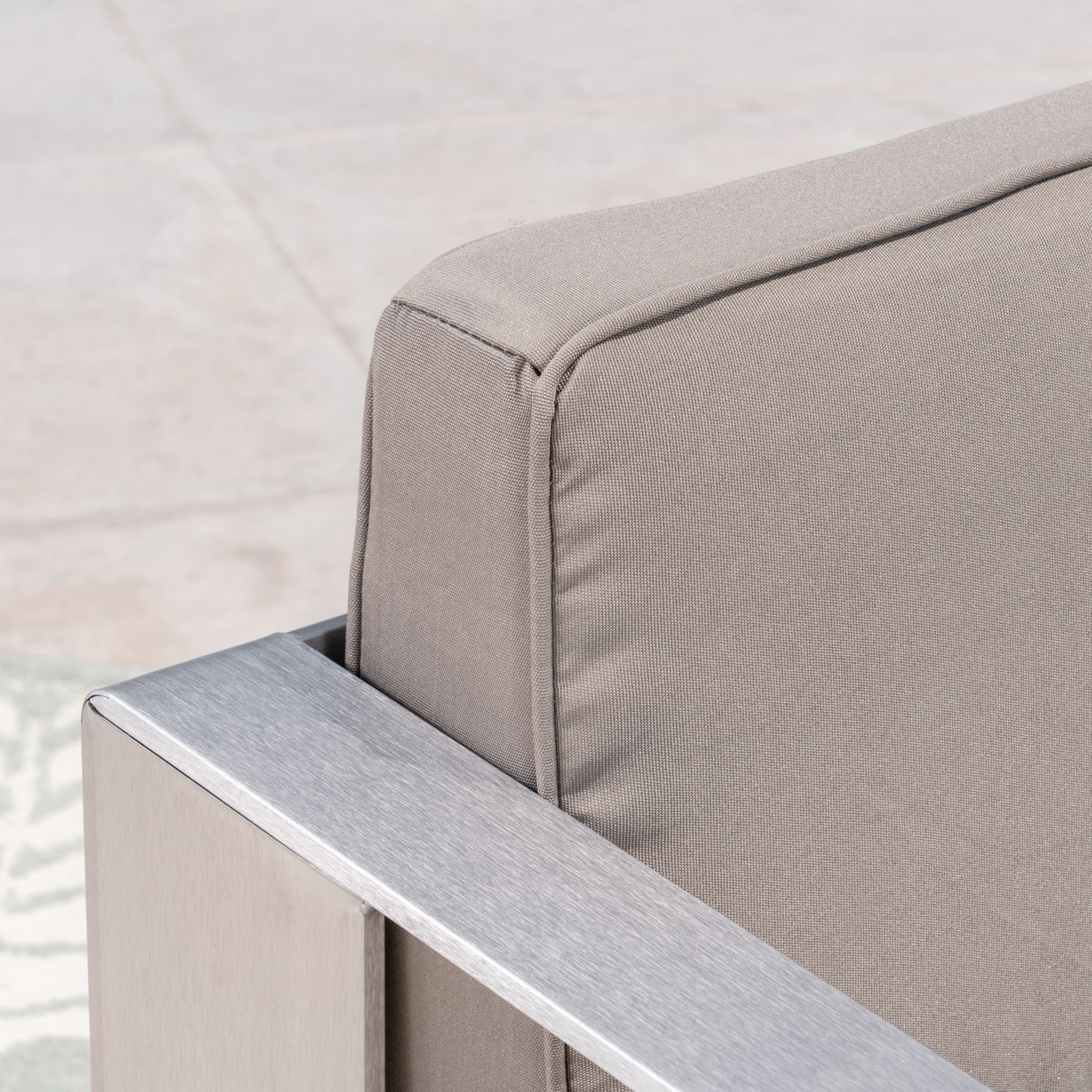 Trevor Outdoor Aluminum Loveseat and Tempered Glass-Topped Coffee Table, Silver, Khaki