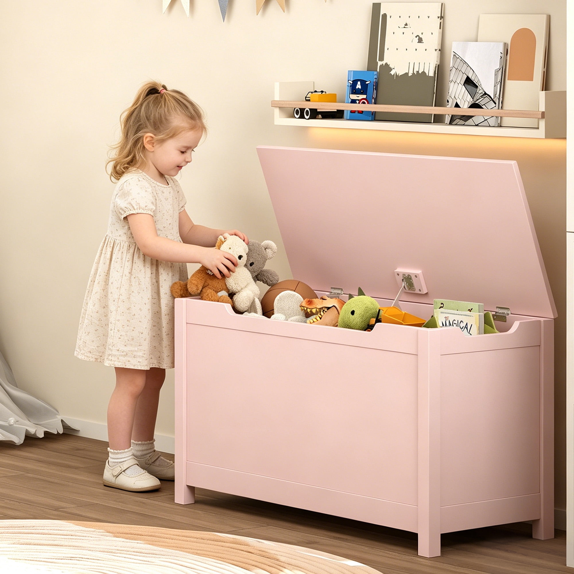 MDF Kids Wooden Toy Storage Box with Safety Hinged Lid for Ages 2+, 2.7 Cubic Feet Large Storage Chest, Easy 15-Min Assembly