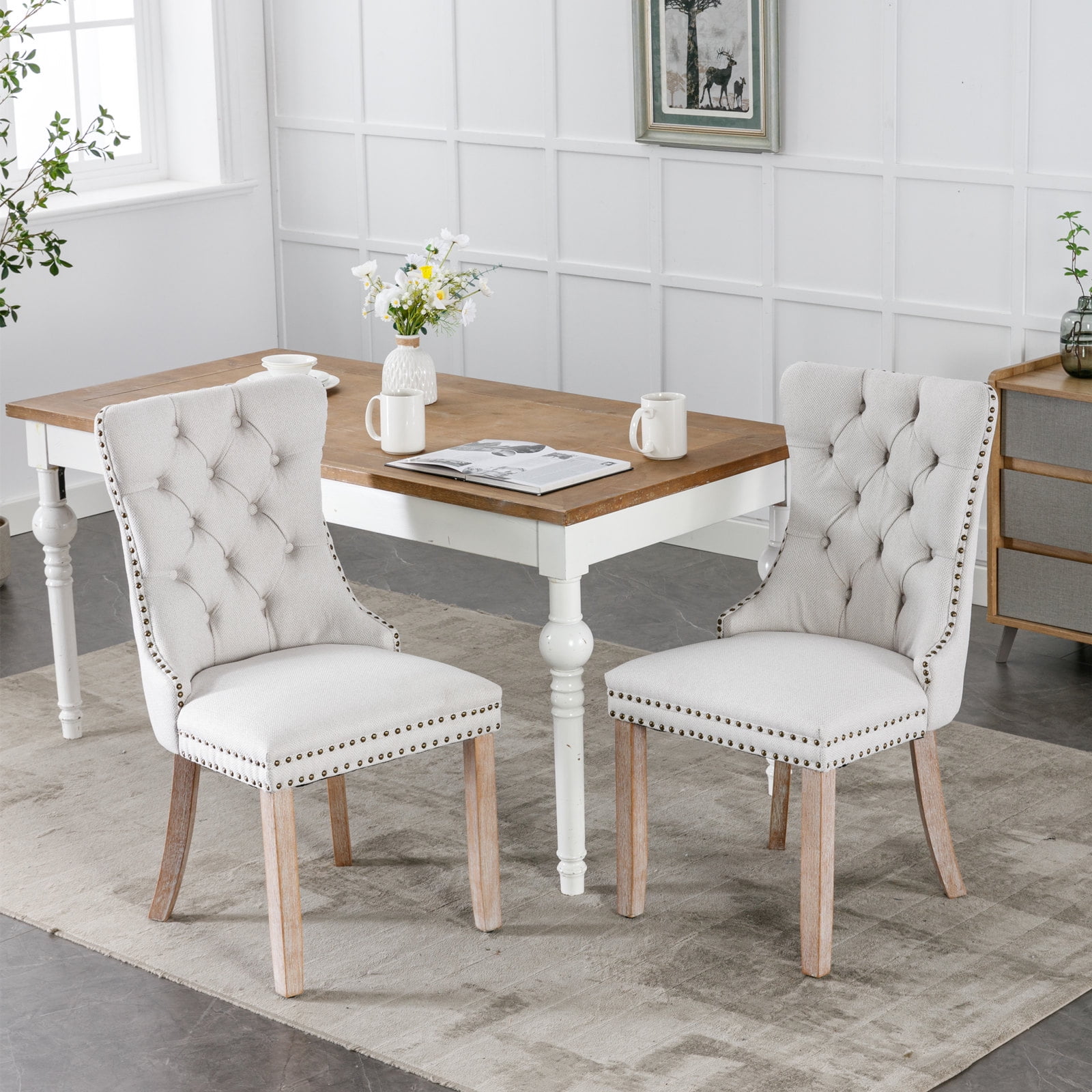 MAYEERTY Modern High-End Tufted Dining Chair - Solid Wood, Flax Upholstery, Wood Legs, Nailhead Trim, Gray, 2-Pcs Set