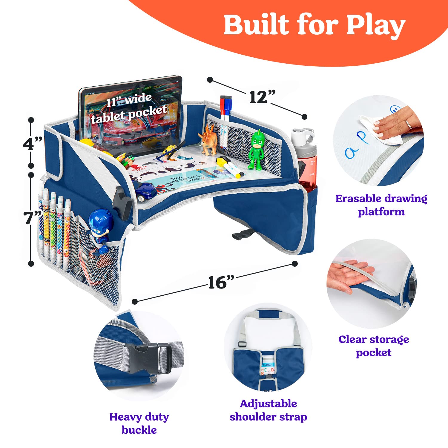 PILLANI Kids Travel Tray for Car - Car Seat Tray for Kids Travel, Road Trip Essentials Must Haves - Carseat Table Roadtrip Activities - Toddler Lap Desk Organizer for Airplane - Kids Travel Essential