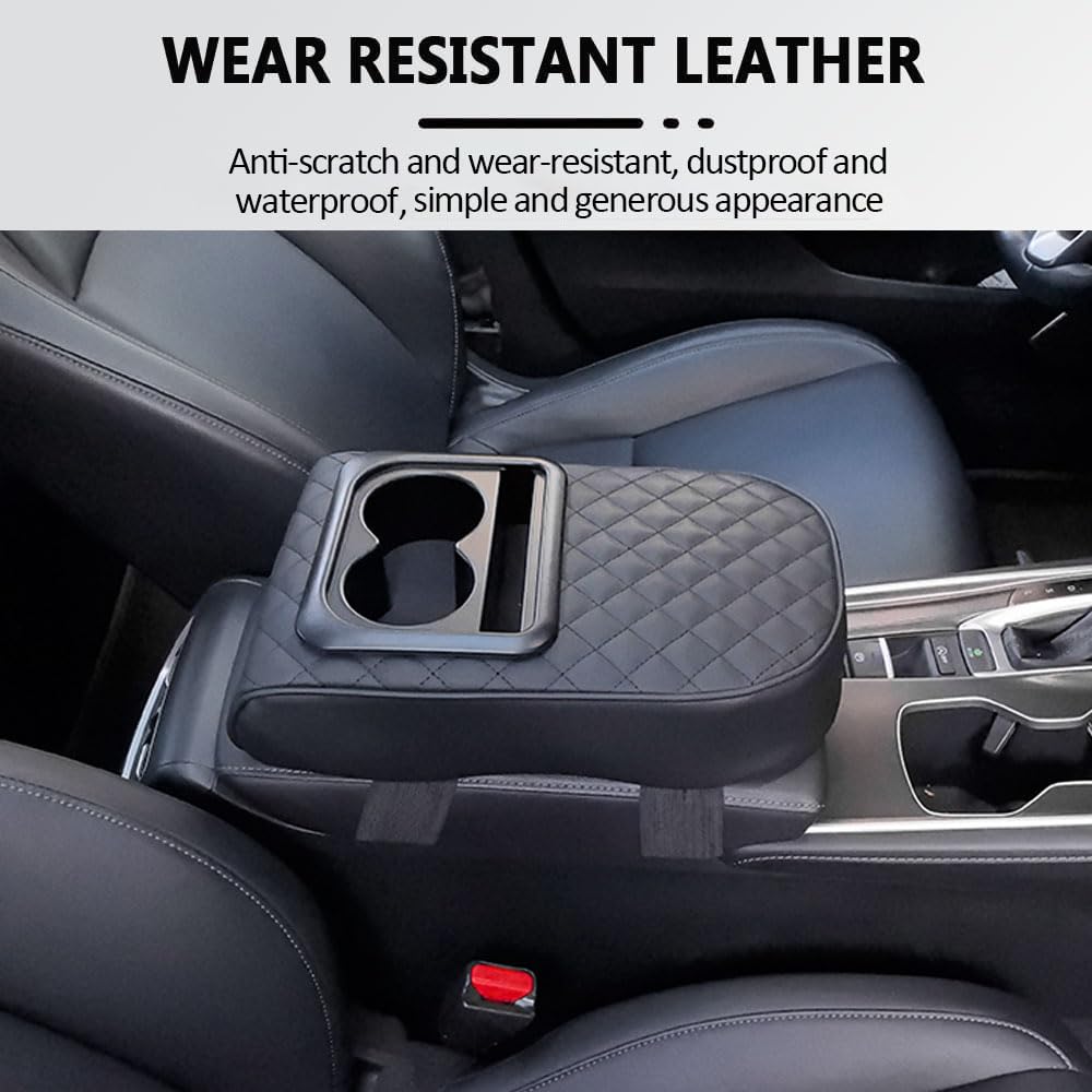GUANGHUI Auto Center Console Armrest Pillow, Leather Car Armrest Cushion with Cup Holder, Phone Holder, Universal Car Armrest Box Cover Protector Car Interior Accessories for Most Vehicles (BLACK)