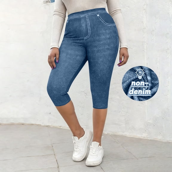 Kinrui Jeggings for Women Plus Size Capri Faux Jean Pants High Waisted Stretch Crop Leggings Blue XL