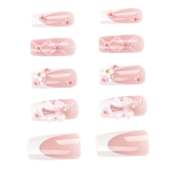 Press on Nails with Bowknot Square Flower Decoration Long Pink Artificial Nails for Women and Girl