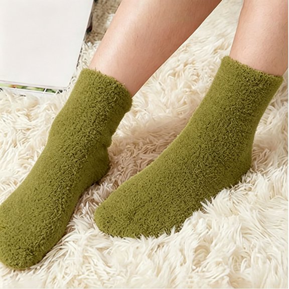 Ljudmp Women's Coral Velvet Fuzzy Fluffy Cozy Slipper Socks Winter Warm Soft Crew Mid Tube Socks Plain Color Plush Home Sleeping Socks Army Green