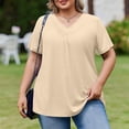 thumbnail image 2 of Trendy V Neck Pleated T Shirts for Women Plus Size Short Sleeve Tops Comfortable Soft Solid Color Loose Fit Curved Hem Dressy Summer Tees Beige XXL, 2 of 6