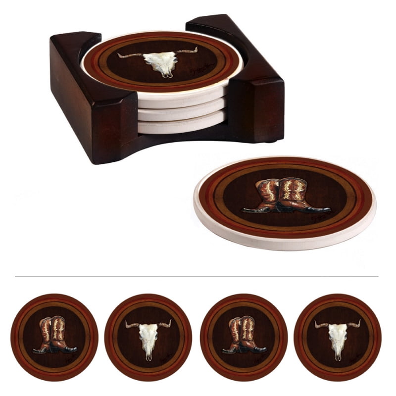Kitchenware, Saddle Up,Absorbent Coaster Set with Caddy,Ceramic and Wood,5x4.25x1.75 Inches,Set of 4