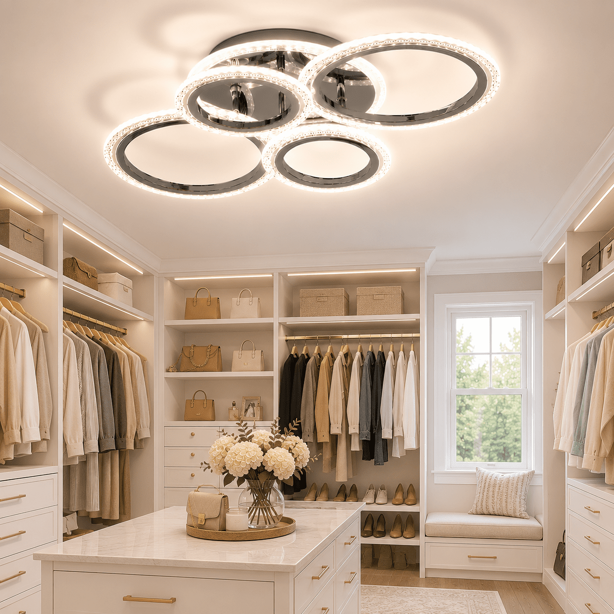 Garwarm Chrome 6-Ring LED Ceiling Light, Modern Dimmable 3000K-6500K Flush Mount Ceiling Light with Remote, Acrylic Ring Ceiling Lamp Fixture for Living Room, Dining Room, Bedroom