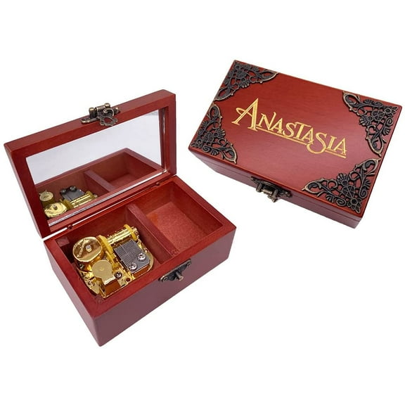 Anastasia Jewelry Music Box with Mirror Laser Engraved Wood Musical Box Wind up Musical Gift for Her Him Girlfriend Boyfriend(Melody: Once Upon A December, Gold Movement)