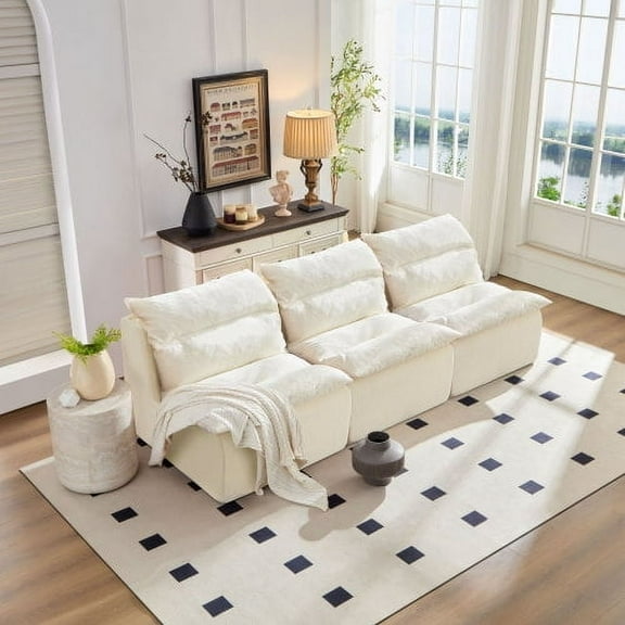 3 Seat Chair Sofa Lounge Set with Backrest, Fully Compressed Sofa Chairs for Living Room Bedroom Office, Polyester, White