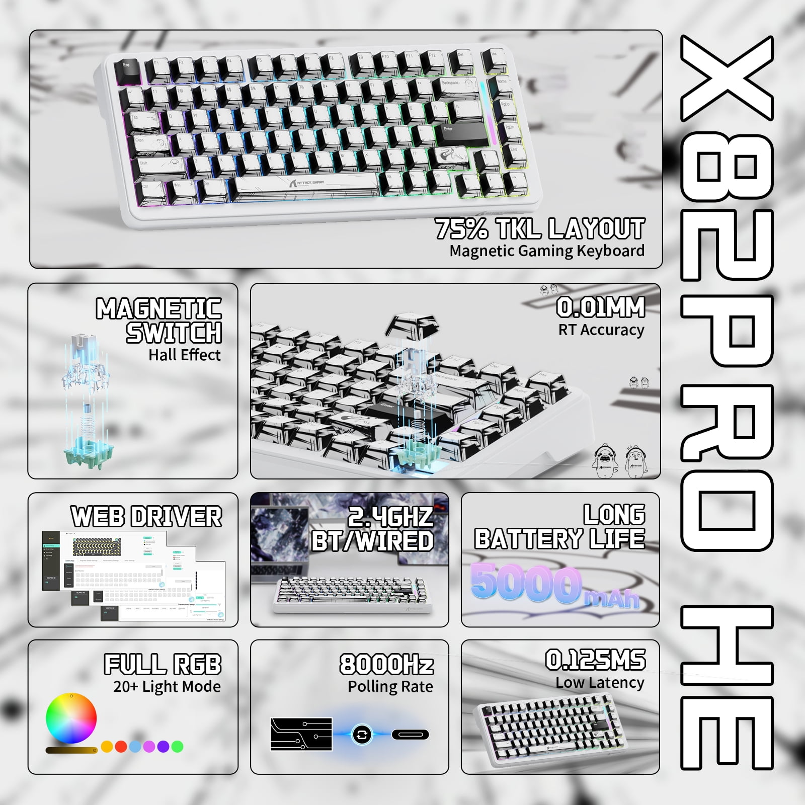 ATTACK SHARK X82PRO HE 75% Wireless Rapid Trigger Magnetic Keyboard, 8K Wired Gaming Keyboard, Hall Effect Switches Adjustable Actuation, QWERTY, RGB Backlit, C01 RGB Coiled Cable -Comic