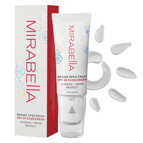 Mirabella Face Primer con SPF - Amplio espectro SPF 30 Hidratante SPF Primer facial y fórmula antienvejecimiento con ácido hialurónico y antioxidantes - Aplicador de rodillo facial 1.35 fl. Onz