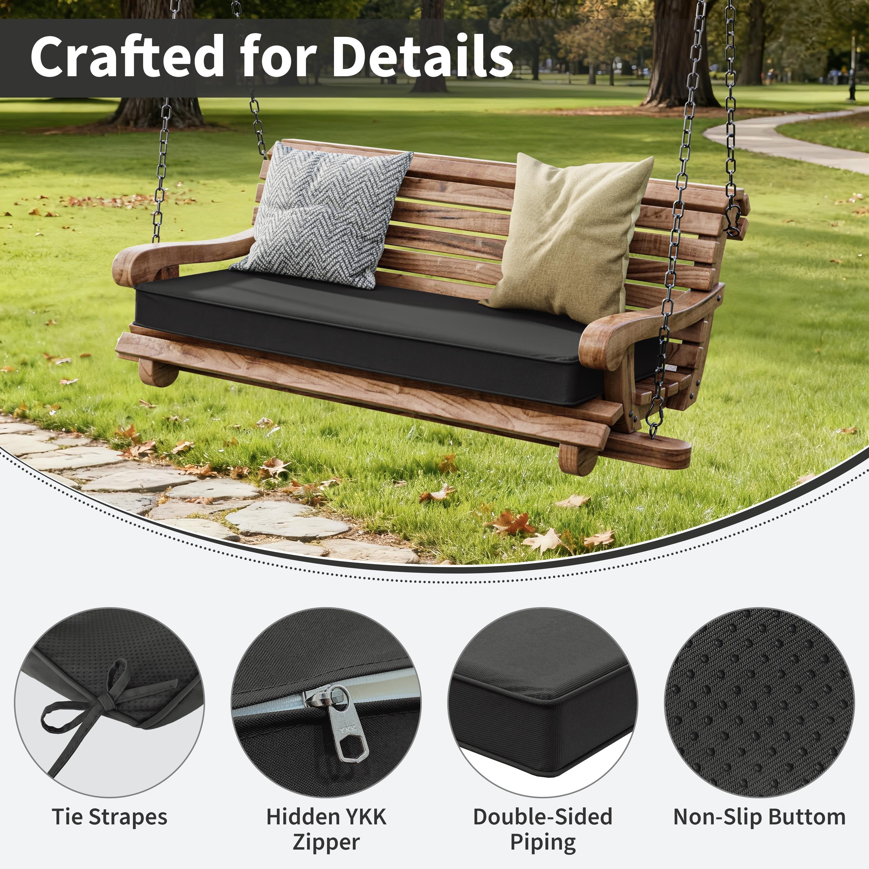 Kimunuk Patio Bench Cushion, 45" x 18" x 3.5" Waterproof Swing Cushion with Ties for Patio Porch Furniture, Black