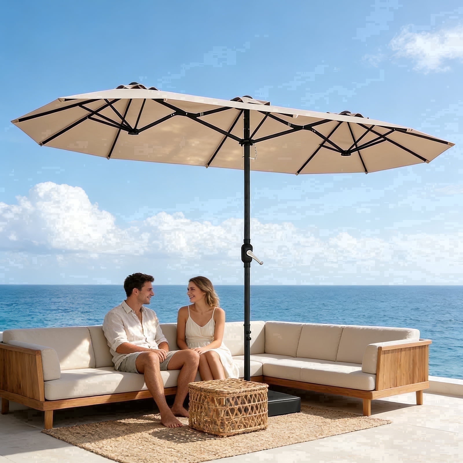 HaiNova 15Ft Large Outdoor Double-Sided Rectangle Umbrella with Base-Mounted, Foldable And Portable Sunshade For Pool, Beaches And Patio, Khaki