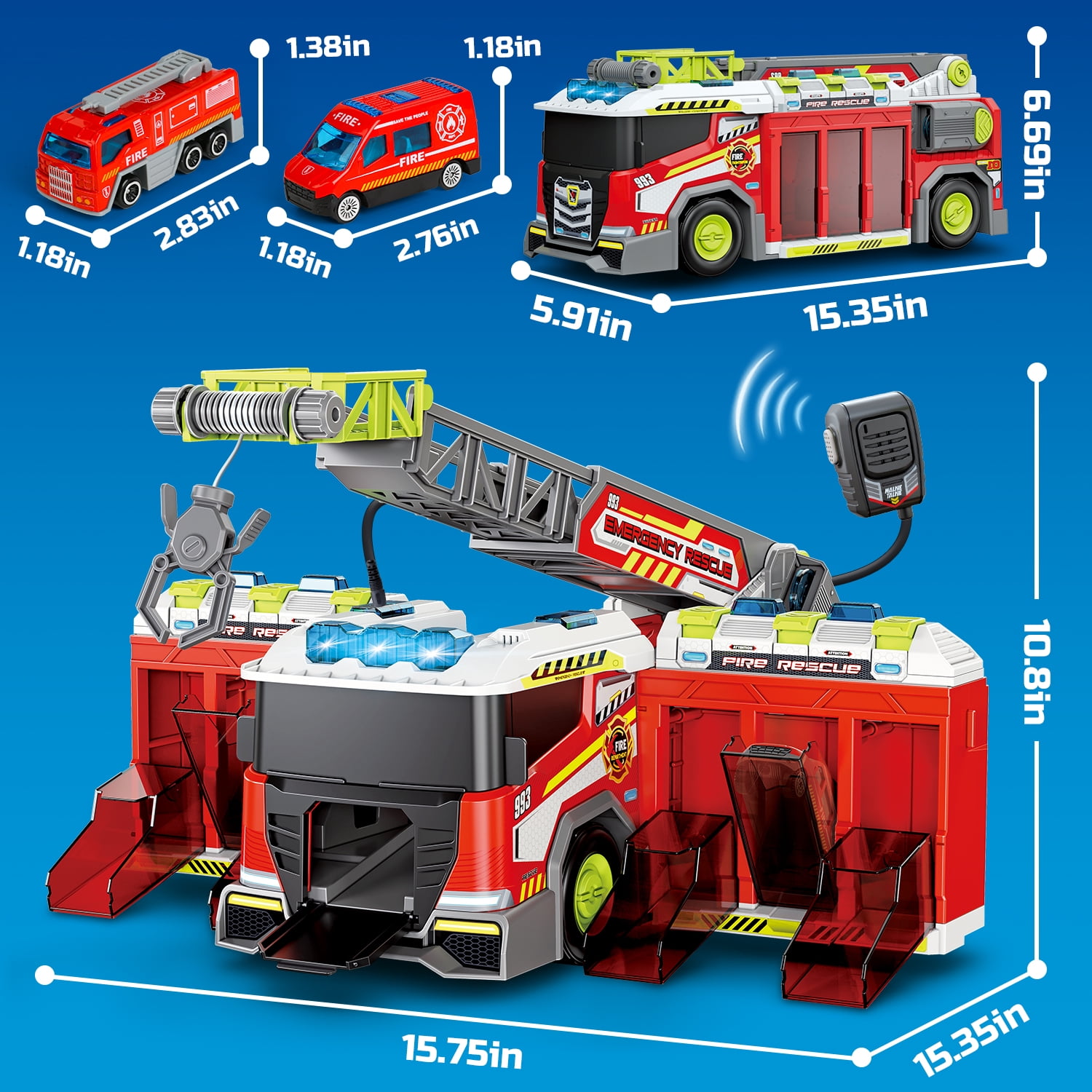Carsky Fire Truck Toy with Storage Track, Lights & Sound Rescue Playset, City Garage Carrier Truck with Megaphone & Mini Cars, Role Play Gift Toys for Boys Girls