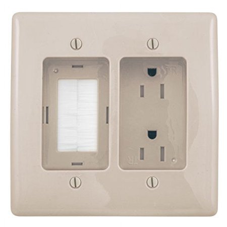 Bryant Electric RR1512LA 2-Gang Recessed TV Connection Outlet Plate with 15 Amp 125V Tamper-Resistant Duplex Receptacle with One Pass-Thru Opening, Light Almond
