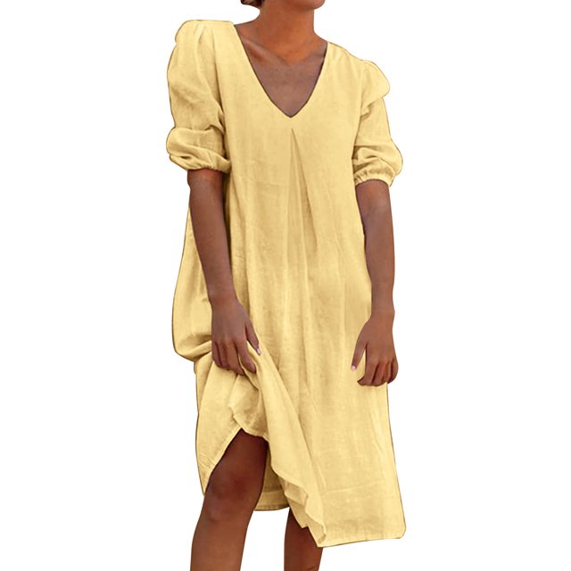 Vestido informal de verano para mujer, de color liso, con cuello en V y manga media - Túnica holgada larga, poliéster, transpirable, tallas S-XXL, ropa de playa/diaria/de fiesta