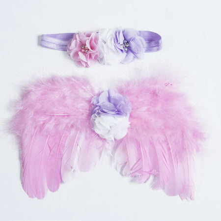 Baby Infant Newborn Costume Feather Angel Wing+Headband Photography Props Outfit