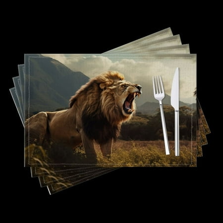 

BaHomeck placemats Set of 4 Majestic Lion Roaring In The African Savanna With Mountains Cotton Linen rectangle Placemats for Kitchen Dining Table Indoor Outdoor 18*12inch