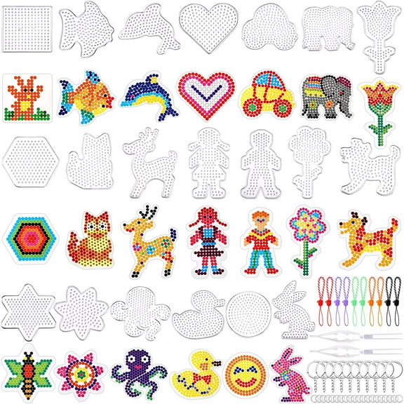 20 Pieces 5mm Fuse Beads Pegboards Clear Animal Shape Plastic Pegboards Craft Tray with 20 Pieces Colorful Cards for Kids DIY Craft Beads