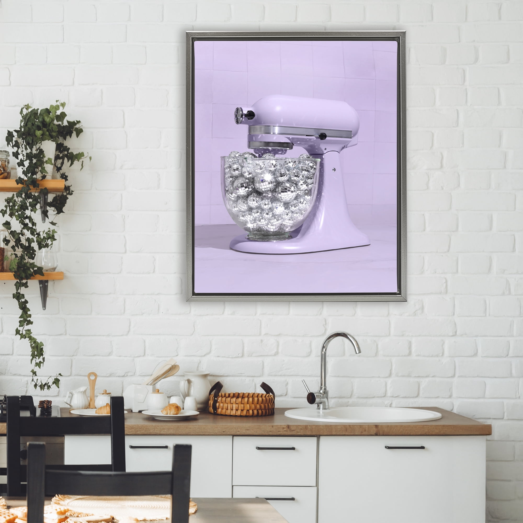 Stupell Industries Disco Kitchen Mixer over Purple Gray Framed Floater Canvas Wall Art, design by LISH Creative