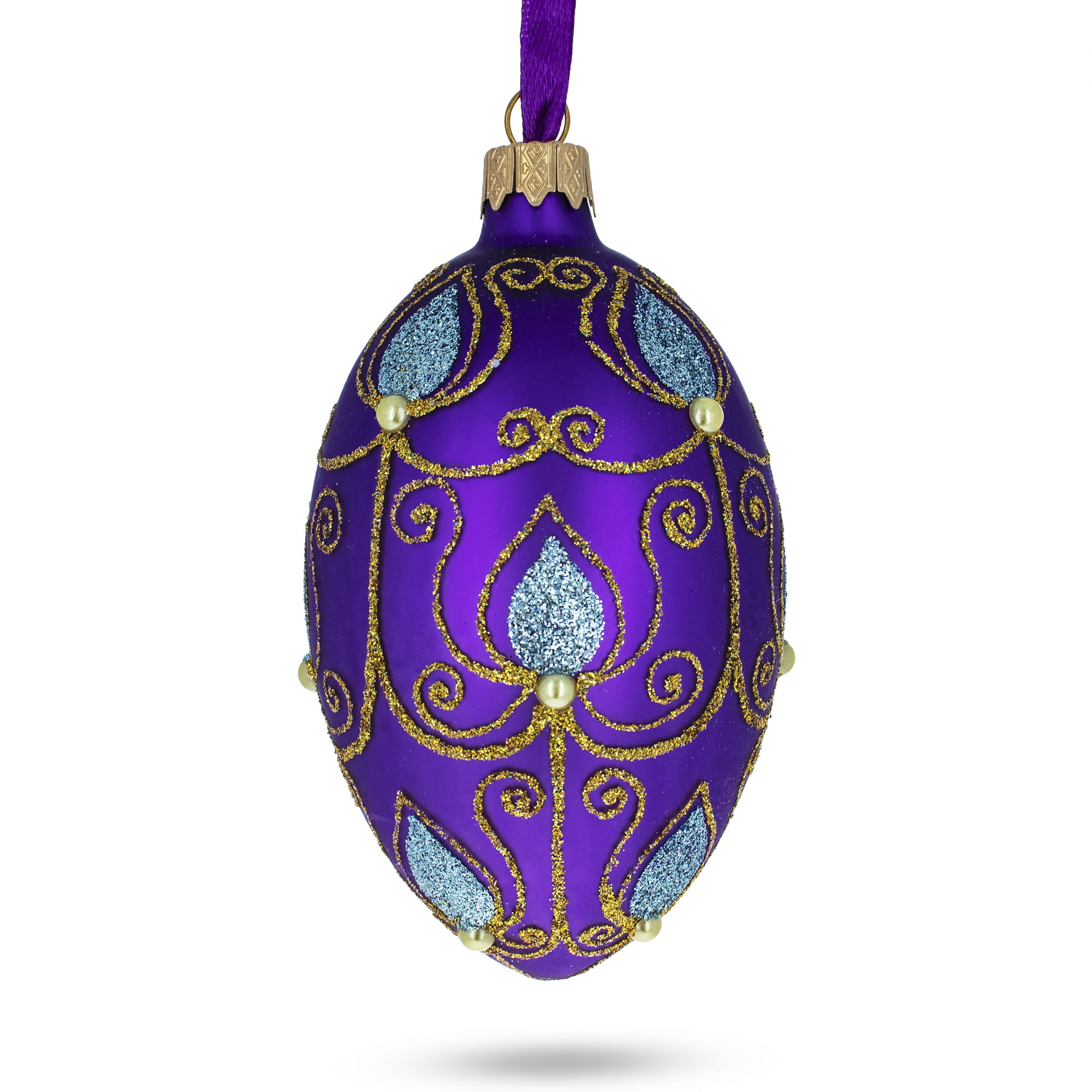 BestPysanky Blue Leaf on Purple Glass Egg Ornament