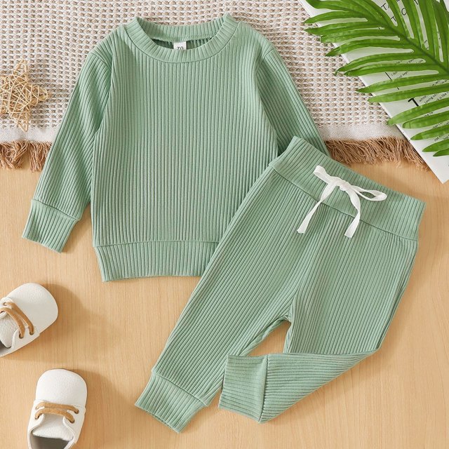 Fgnfyis Toddler Girls Boys Winter Long Sleeve Ribbed Solid Color Tops Pants 2PCS Outfits Clothes Set 90 Mint Green