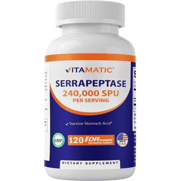 Vitamatic Serrapeptase 240,000 SPU Servings, 120 Delayed Released Capsules - Enteric Coated - Non-GMO & Gluten Free - Made in The USA (120 Count (Pack of 1))