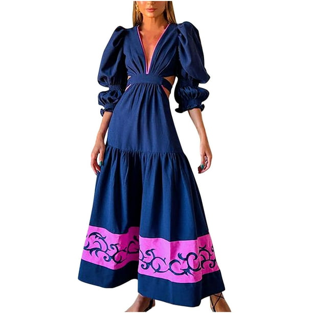 Vestido largo con cuello en V y temperamento de manga BBubble estampado de alto grado para mujer Pompotops hdfakjf7079
