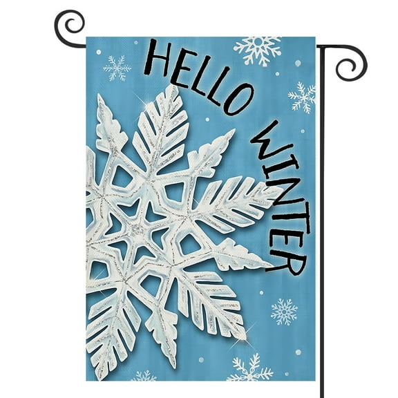 DMERBYL Hello Winter Snowflakes Garden Flag Double Sided, Blue Snow Decorative Yard Outdoor Home Small Decor, Winter Holiday Christmas Burlap Outside House Decoration 12 x 18