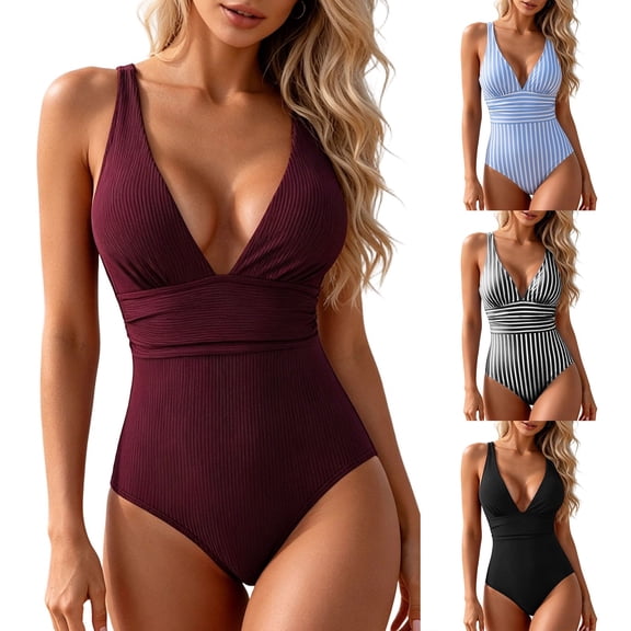 DHFJKG Deep V Neck Swimsuit For Women One Piece Swimwear Wide Straps Sexy High Cut Bathing Suit Soft Beachwear