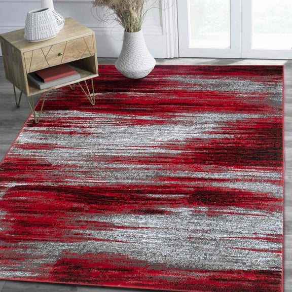 Red/Grey/Silver/Black/Abstract Contemporary Modern Design Mixed Brush Pattern Colors Area Rug