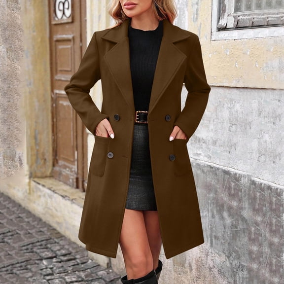 Women's Double Breasted Trench Coat Fall Winter Notch Lapel Mid Long Peacoat Business Work Classic Overcoat Jackets Brown XXL