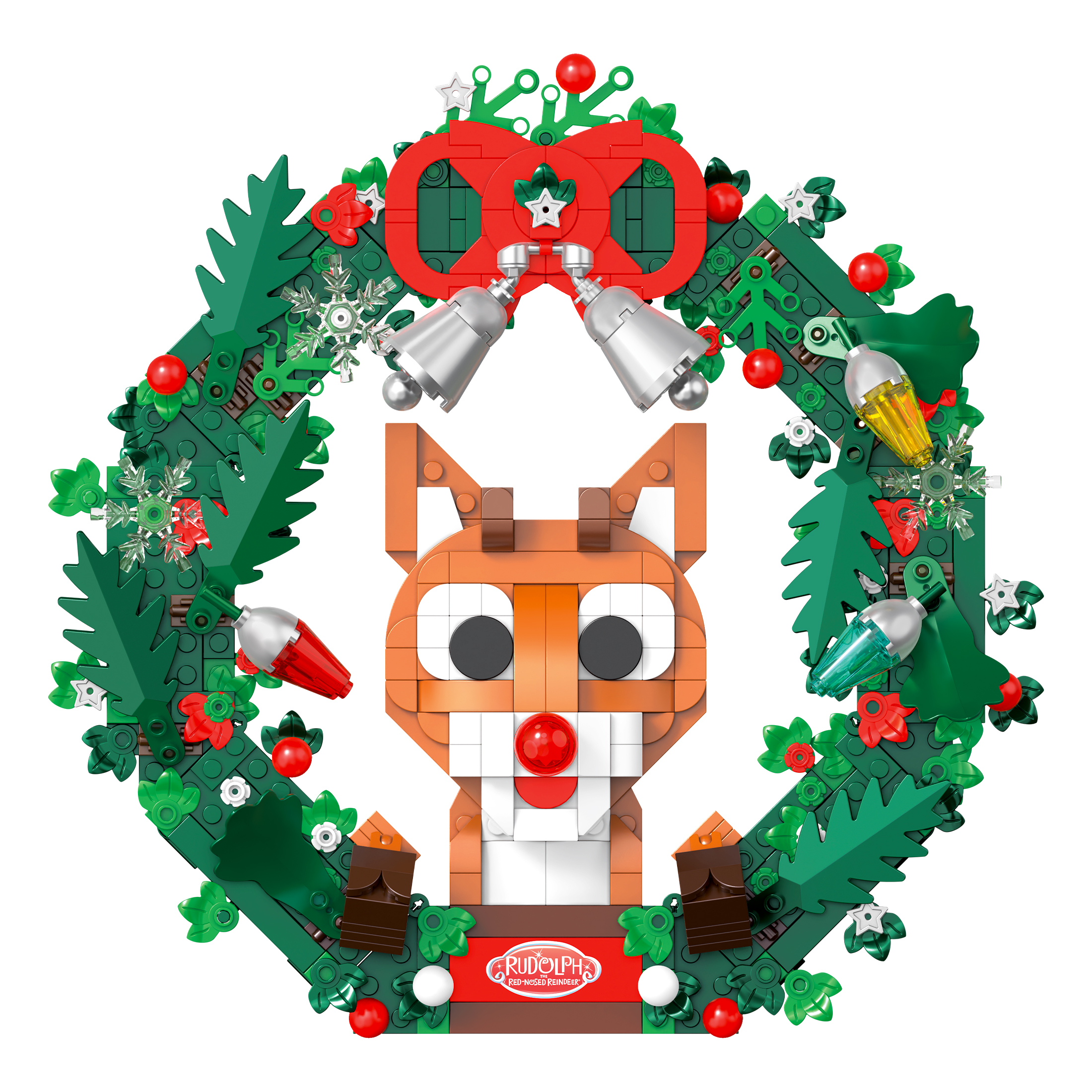 Brickcraft Rudolph the Red-Nosed Reindeer Light-Up Holiday Wreath Building Kit, 526-Piece Christmas Decoration Collectible