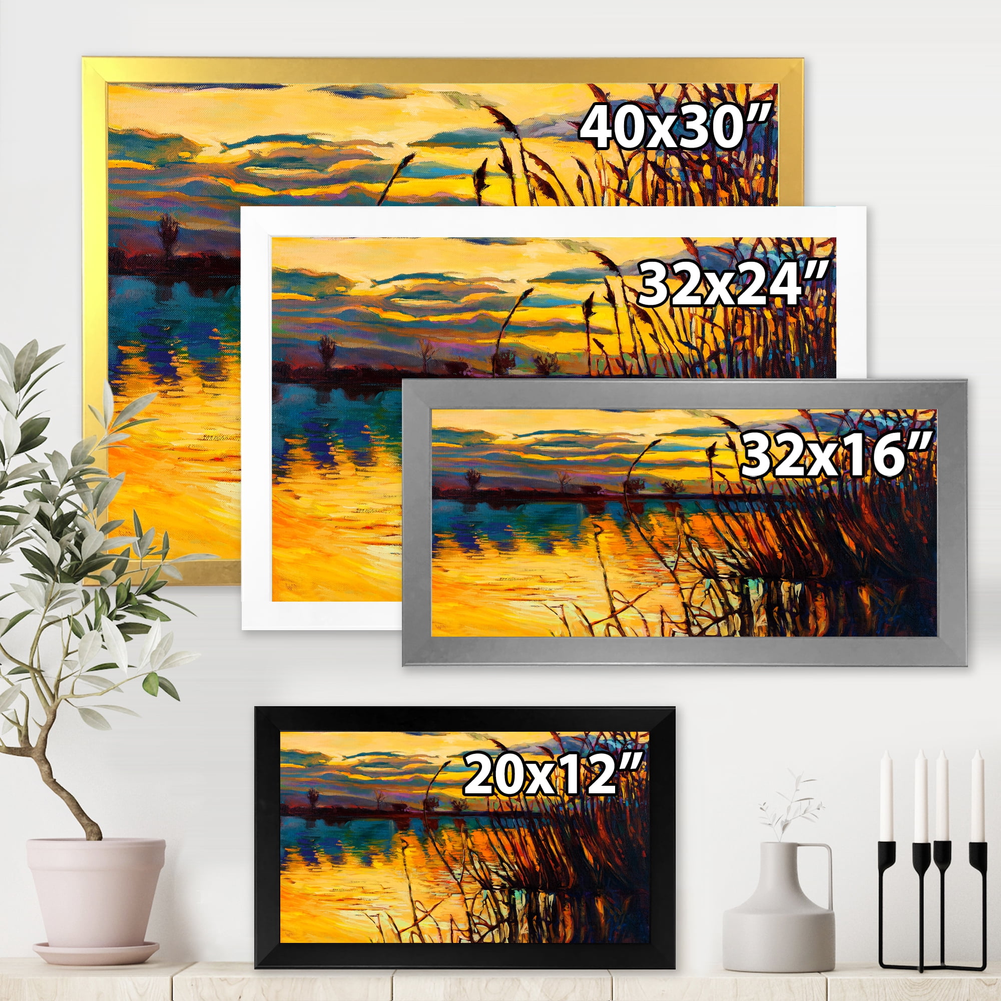Designart 'Yellow Evening Glow Through The High Grass By The Lake' Nautical & Coastal Framed Art Print