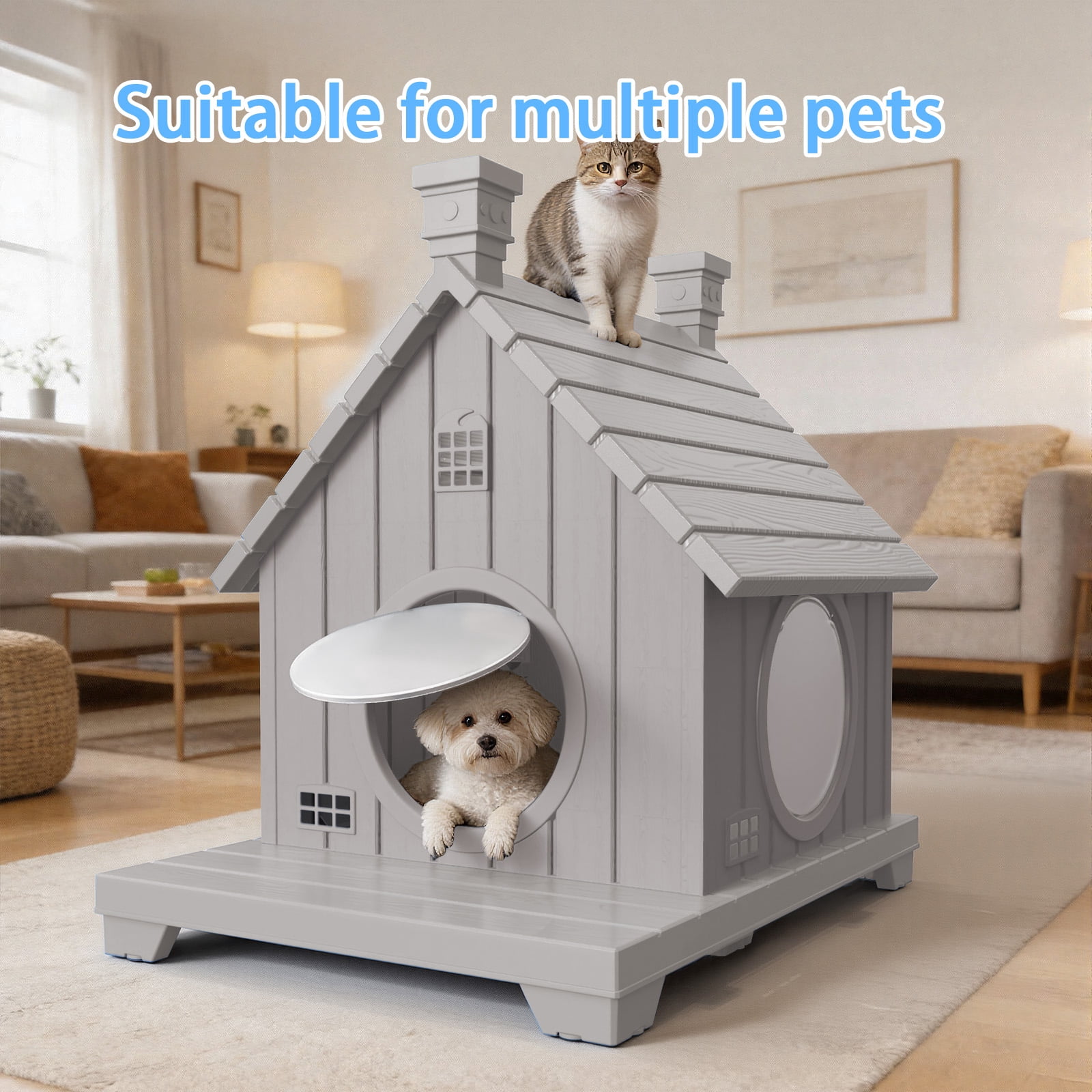Joxxoaa Outdoor resin weatherproof cat house,ventilated and insulated for Cats,Kittens, Puppies,washable,easy to assemble,scratch and bite-resistant,non-stick to hair (gray)