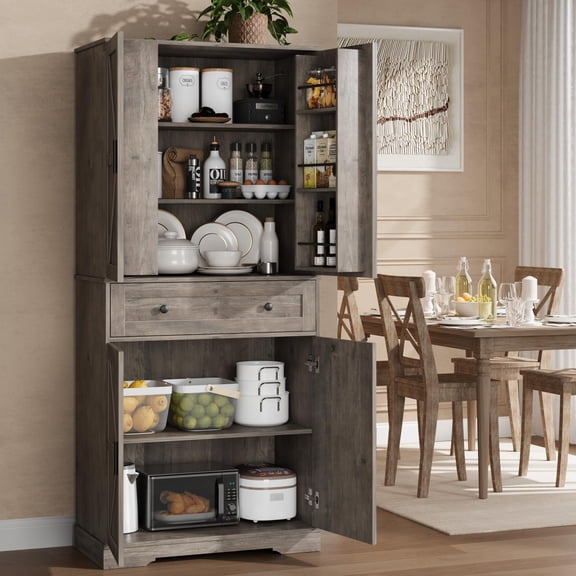 71" Kitchen Pantry Cabinet with Barn Door, Freestanding Cupboard with Drawer, Sliding Storage Rack and 6 Hanging Shelves for Kitchen, Dining Room, Living Room, Bedroom-gray