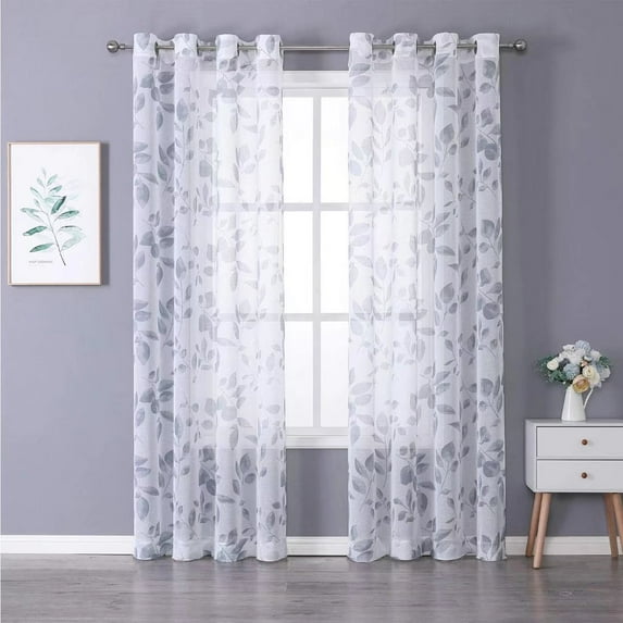 Haperlare 52"W x 95"L Sheer Curtains Elegant Printed Leaves Pattern with Grommet Window Curtains for Living Room Bedroom, Blue, 2 Panels