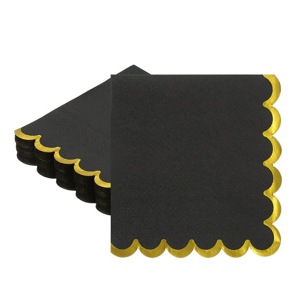 Uxcell 50 Pcs Scalloped Cocktail Napkins with Gold Foil Edges, 5 x 5 Inch Disposable Scalloped Paper Napkins for Wedding Engagement Anniversary Party Tableware Decorations, Black