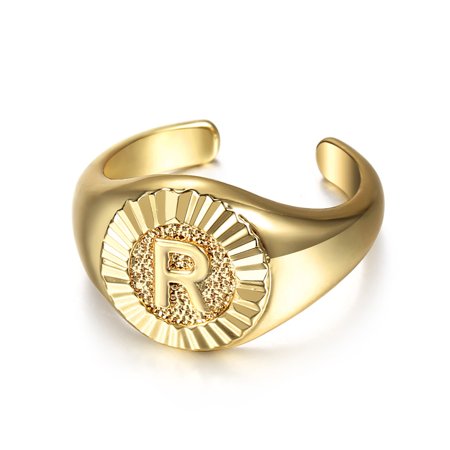 Hermah Yellow Gold Plated Initial Letter Signet Ring Open Ring Size 7.5 Unisex Ring