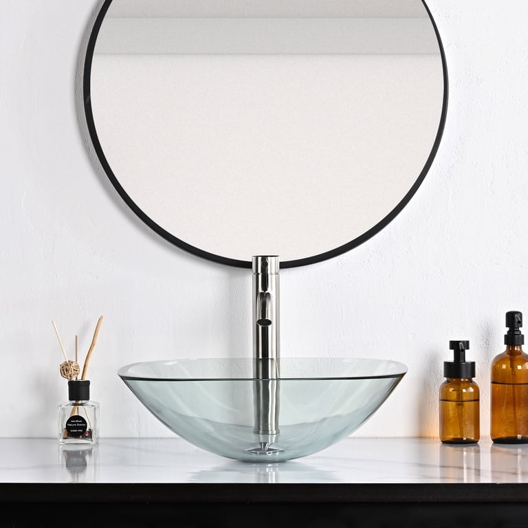 2-Pack Oval Tempered Glass Vessel Sinks - Above Counter Bathroom Basin, Clear Grey, 21.6" Length