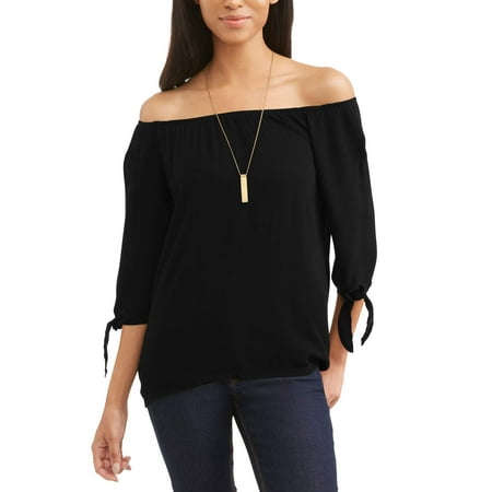 Women's Tie Sleeve Off The Shoulder Crinkle Knit Peasant Top