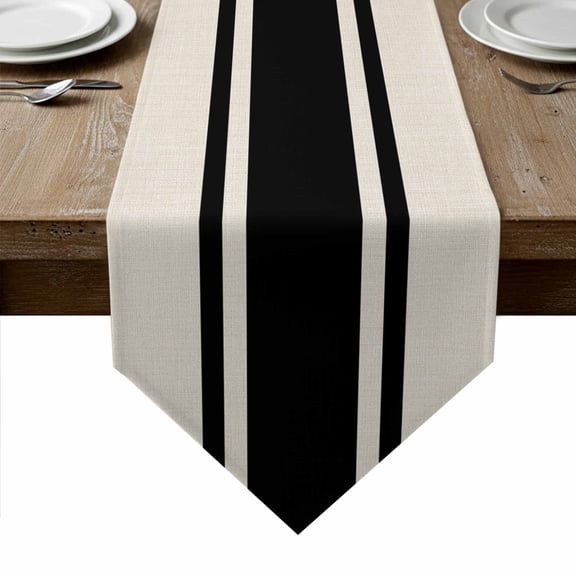 Black Vintage Table Runner Linen Burlap Table Runner 48 Inches Long Geometric Stripes Simple Lines Dresser Scarves for Kitchen Island Coffee Dining Room Party Wedding Holiday Decoration 13"x48"
