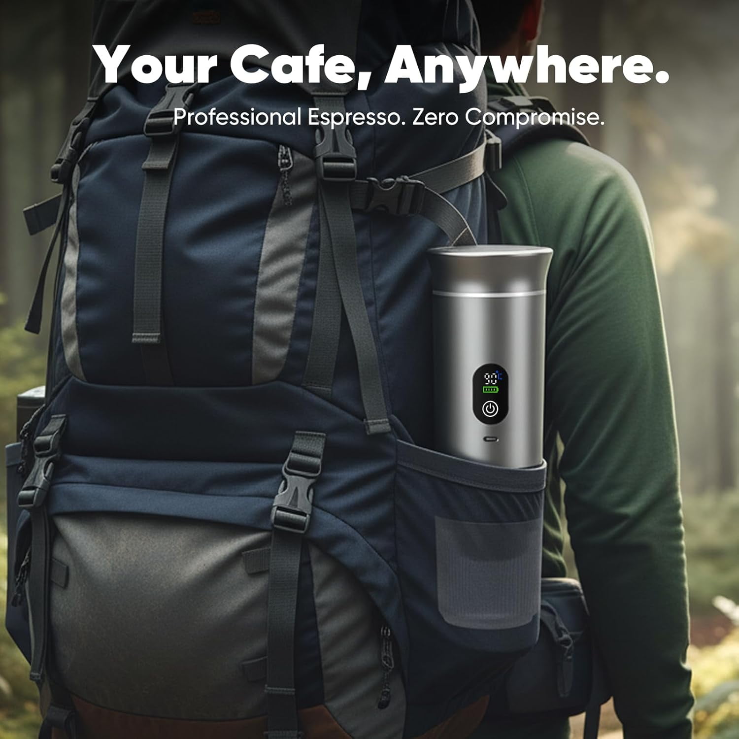 Portable 3-in-1 Espresso Coffee Maker, Self-Heating & Rechargeable with Smart Display — Works with Ground Coffee, Small & Large Capsules; Travel & Camping Mini Machine, 20-Bar Extraction, 80 ml Cup
