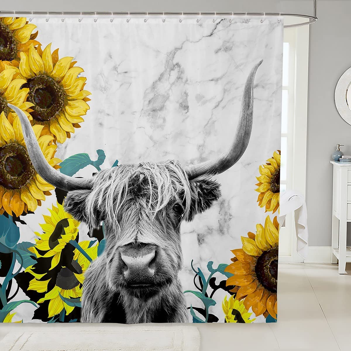 Highland Cattle Shower Curtain Girls Sunflower Highland Cow Marble Print Bathroom Shower Curtain