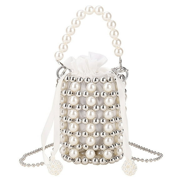 Synthetic Pearl Metal Bucket Bag for Weddings & Galas Sparkling Crystal Evening Clutch