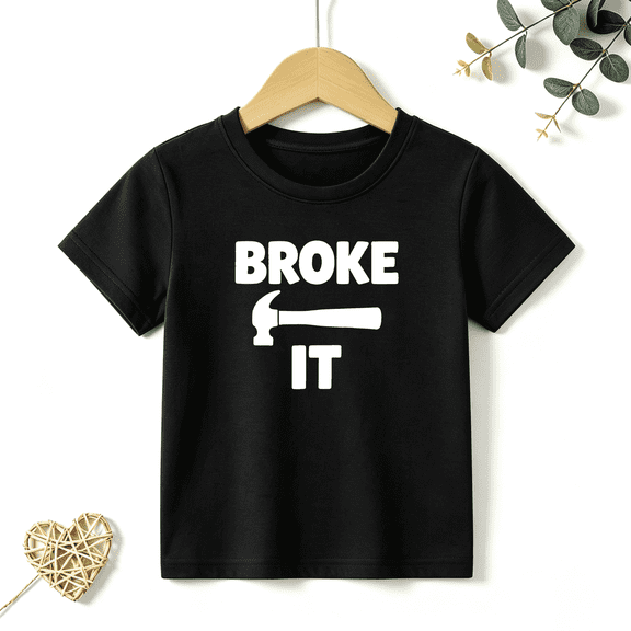 Boys Graphic T Shirt Broken It Funny Hammer Quote Short Sleeve Kids Tees Humor Style 100% Cotton Soft Child Tops 4-13Y